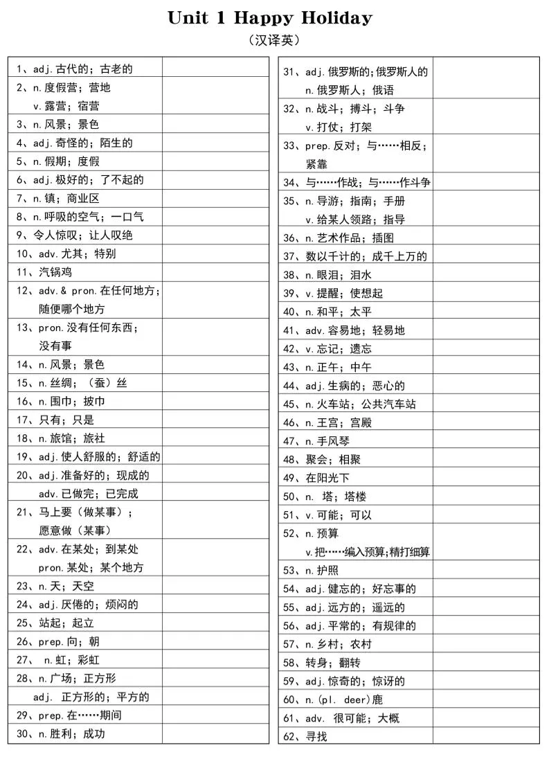 新八年级上英语单词汉译英（人教版）