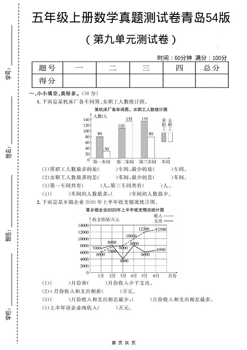 五年级上数学第九单元测试卷《青岛54版》