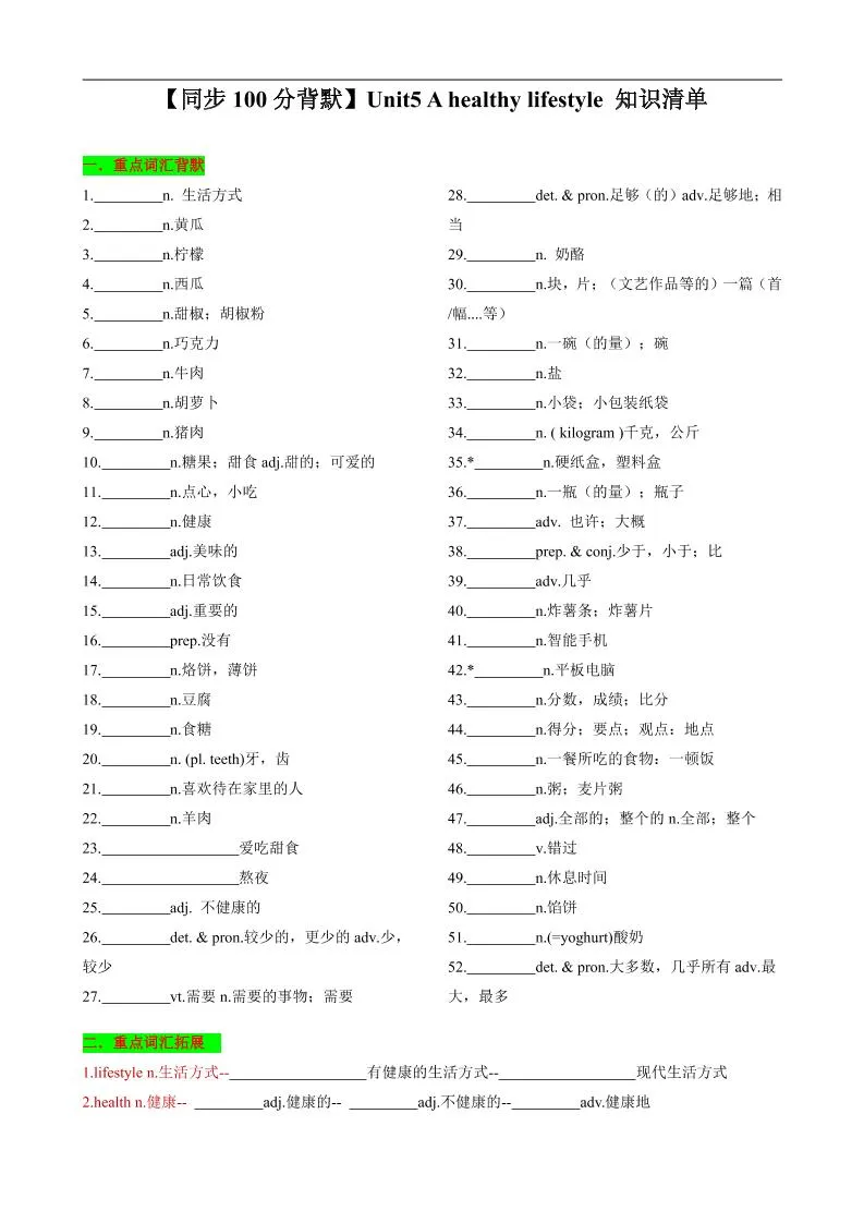 七年级上英语Unit5知识清单背默
