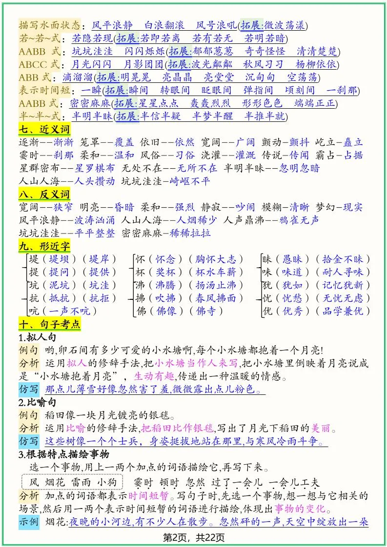 四上语文1-8单元高频考点总结单（十二个考点归纳）22页-学海库