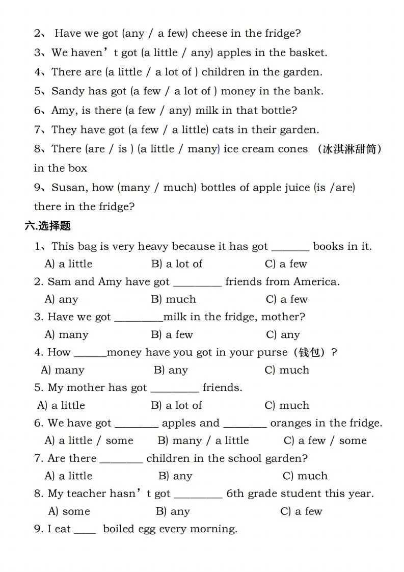 六年级下册人教PEP英语重点语法突破专项训（二）数量词填空-学海库