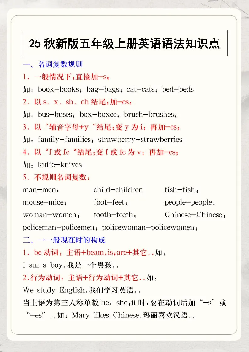 【2025秋新版】五年级上册英语语法知识点