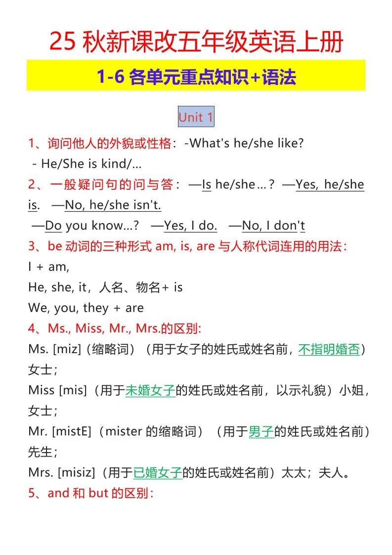 【2025秋新版】五年级英语上册1-6各单元重点知识+语法
