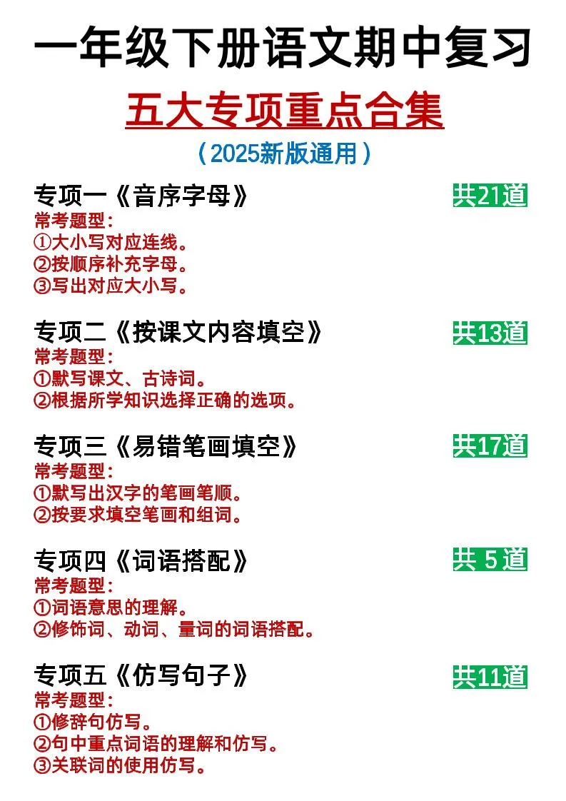 25新一下语文期中复习五大专项重点合集14页