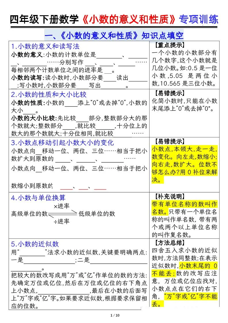 四下数学【小数的意义（空白）】