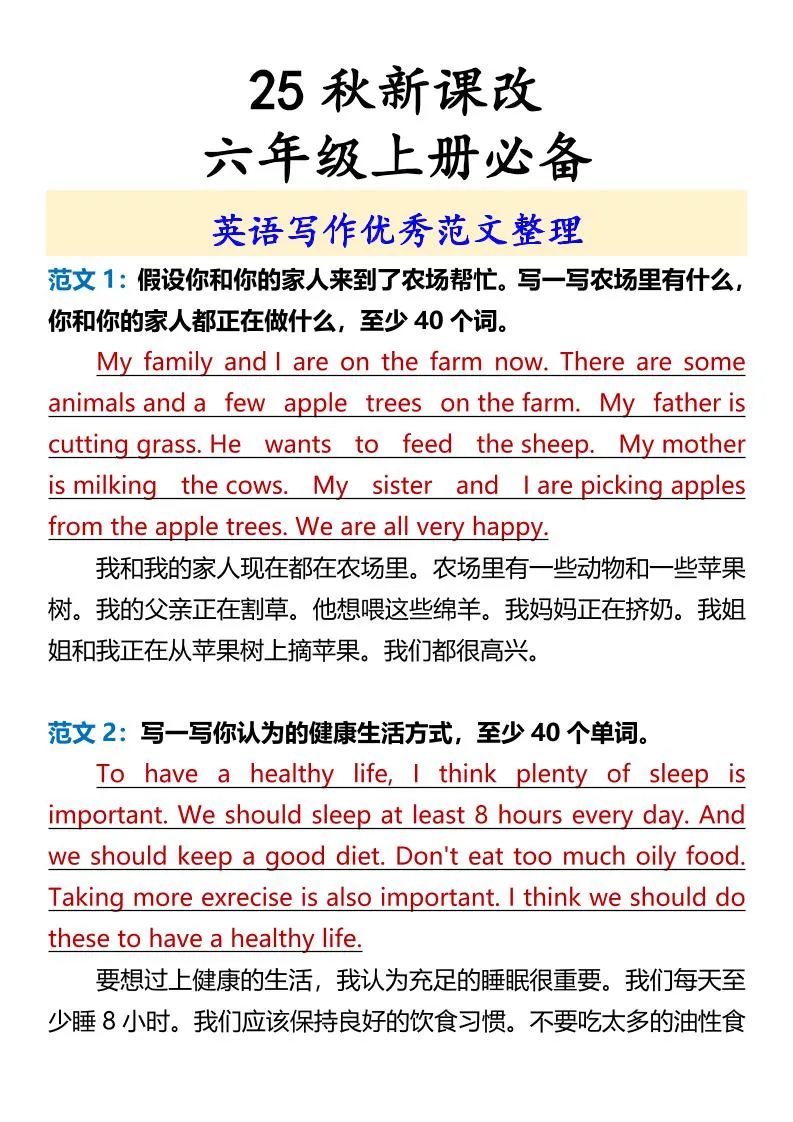 【2025秋新版】六年级上册必备英语写作优秀范文整理