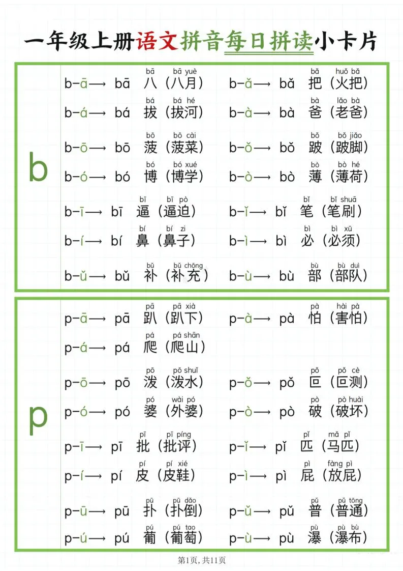 一年级上语文拼音每日拼读
