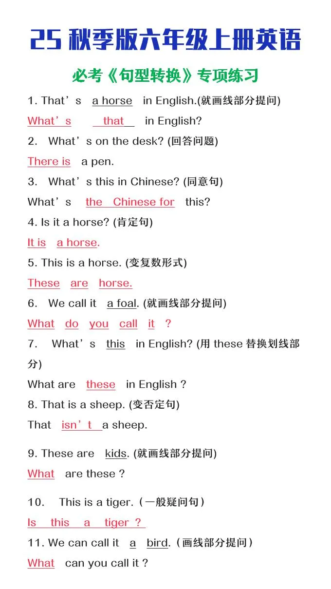 【2025秋新版】六年级上册英语必考句型转换