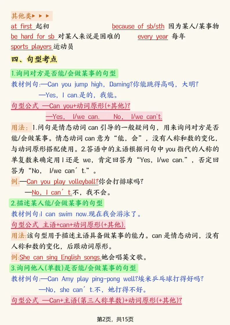 新版外研版四年级上英语考点记读单15页-学海库