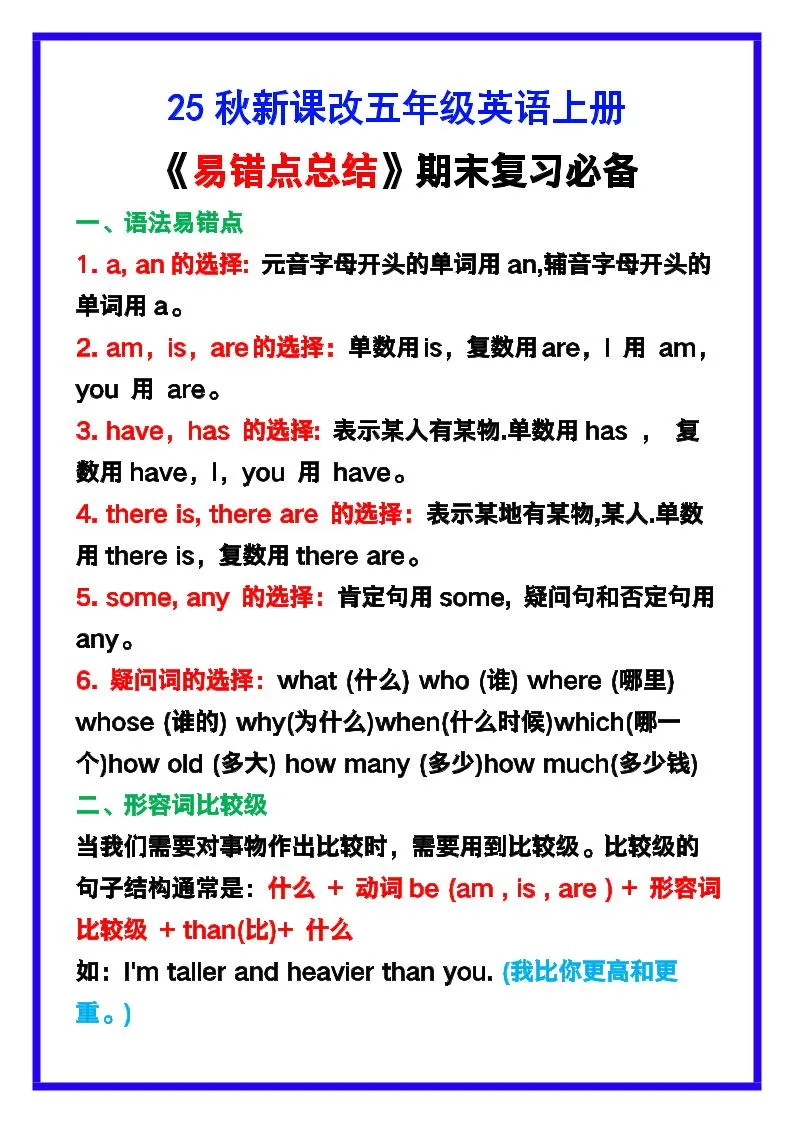 【2025秋新版】五年级英语上册《易错点总结》复习必备！