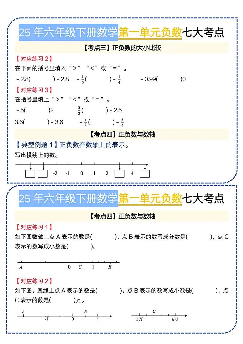 六下数学人教负数七大考点小纸条-学海库