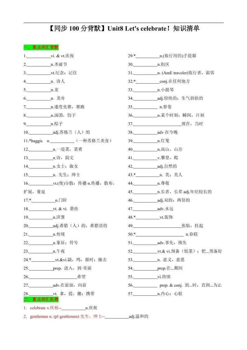 七年级上英语Unit8知识清单背默