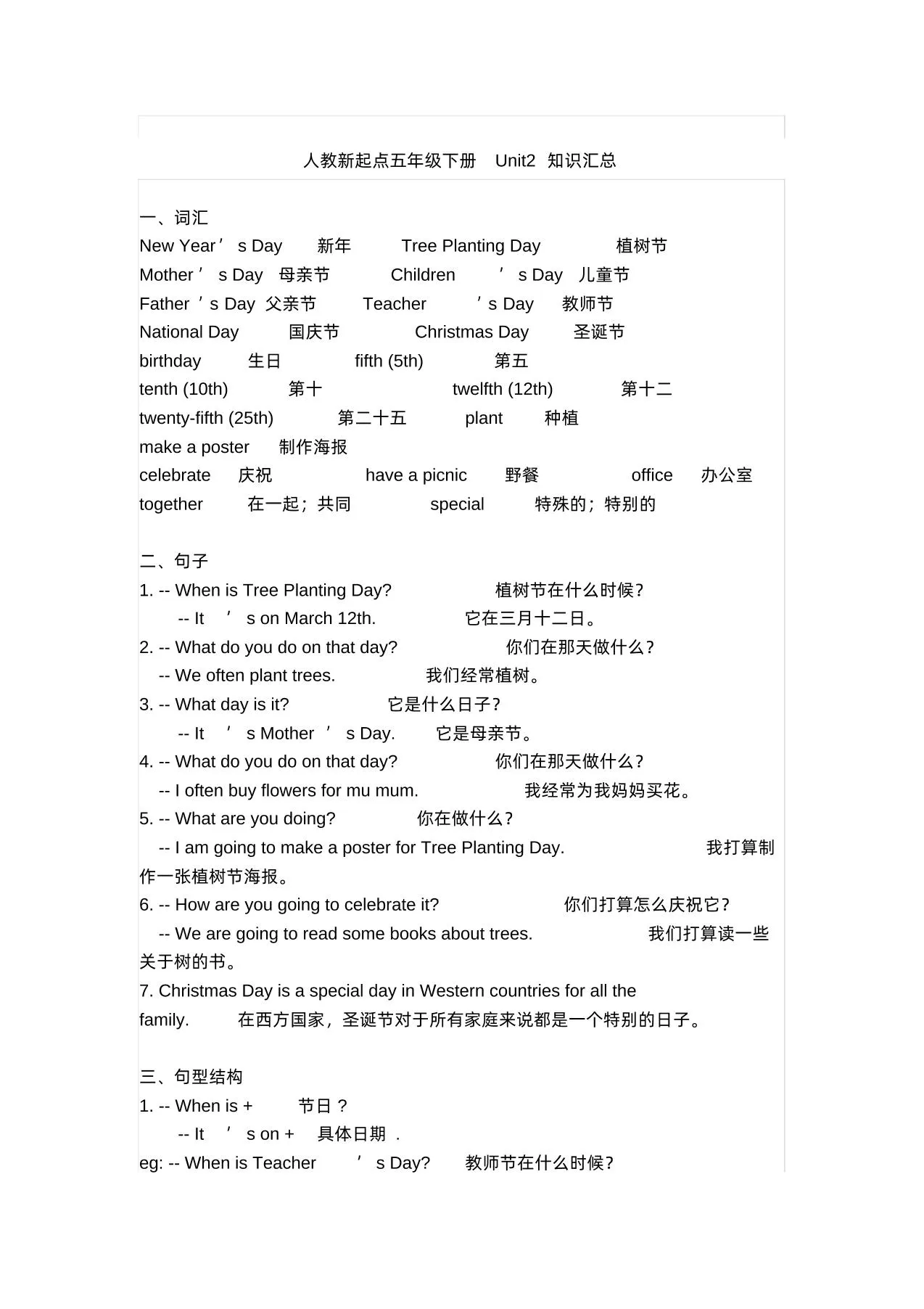 五年级英语下册期末知识清单汇总(人教新起点)-学海库