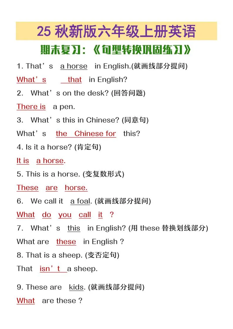 【2025秋新版】六年级上册英语期末复习句型转换巩固练习