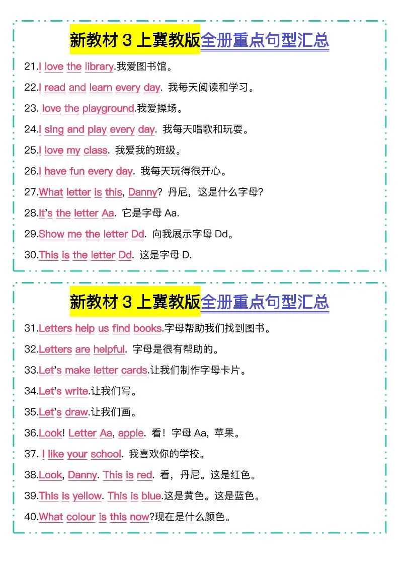 新教材三上英语冀教版全册重点句型汇总-学海库