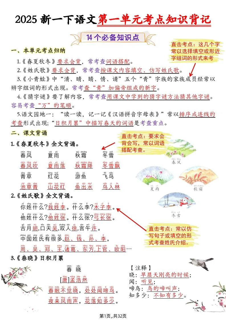 25新一下语文1-8单元考点知识背记（32页）