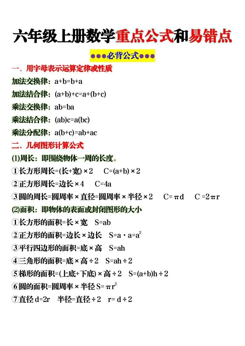 六上数学重点公式和易错点6页