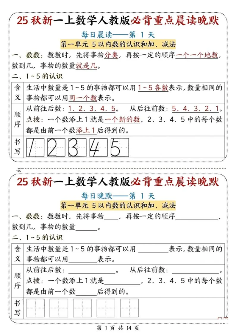 25秋新一上数学必背重点晨读晚默（人教版14页）