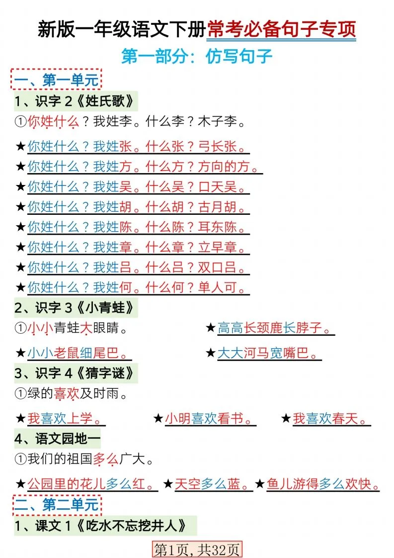 【句子专项】新版一年级语文下册常考必备句子专项(1)