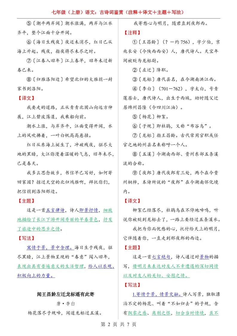 七年级上语文全册古诗词鉴赏-学海库