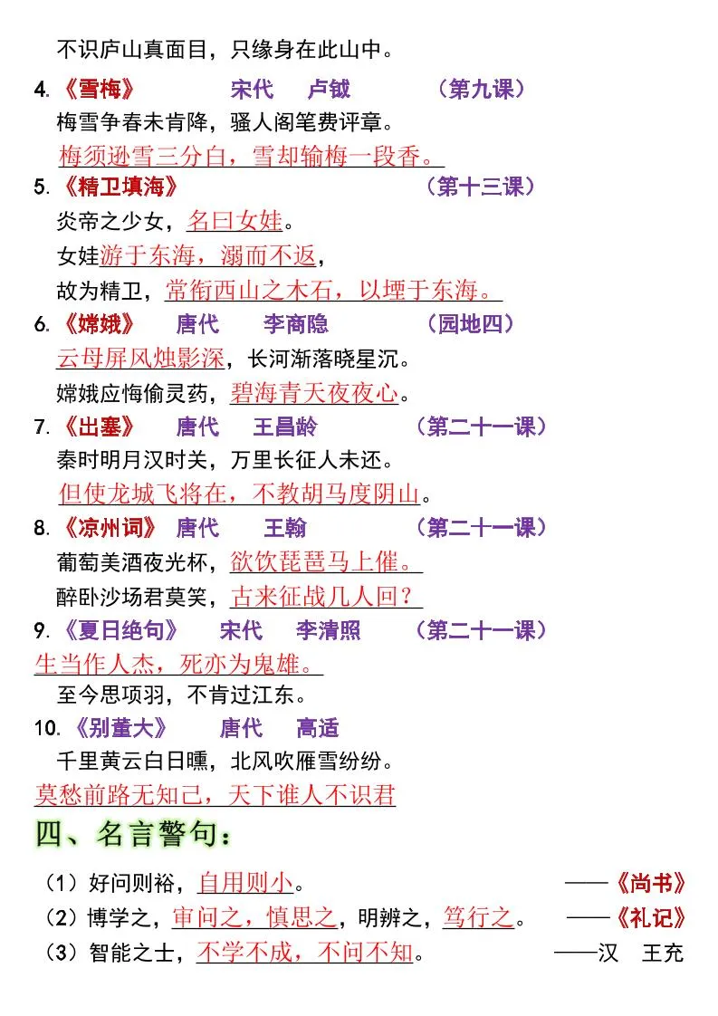 全册高频考点归类（节选）】四上语文-学海库