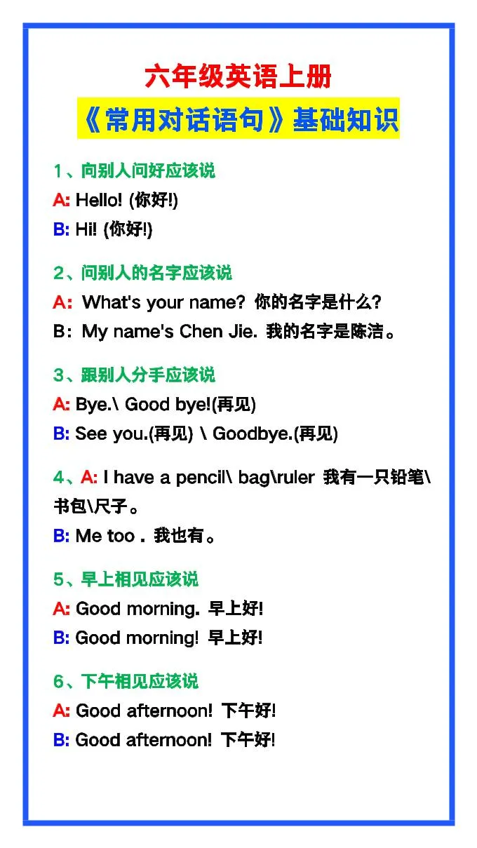 【2025秋新版】六年级英语上册《常用对话语句》