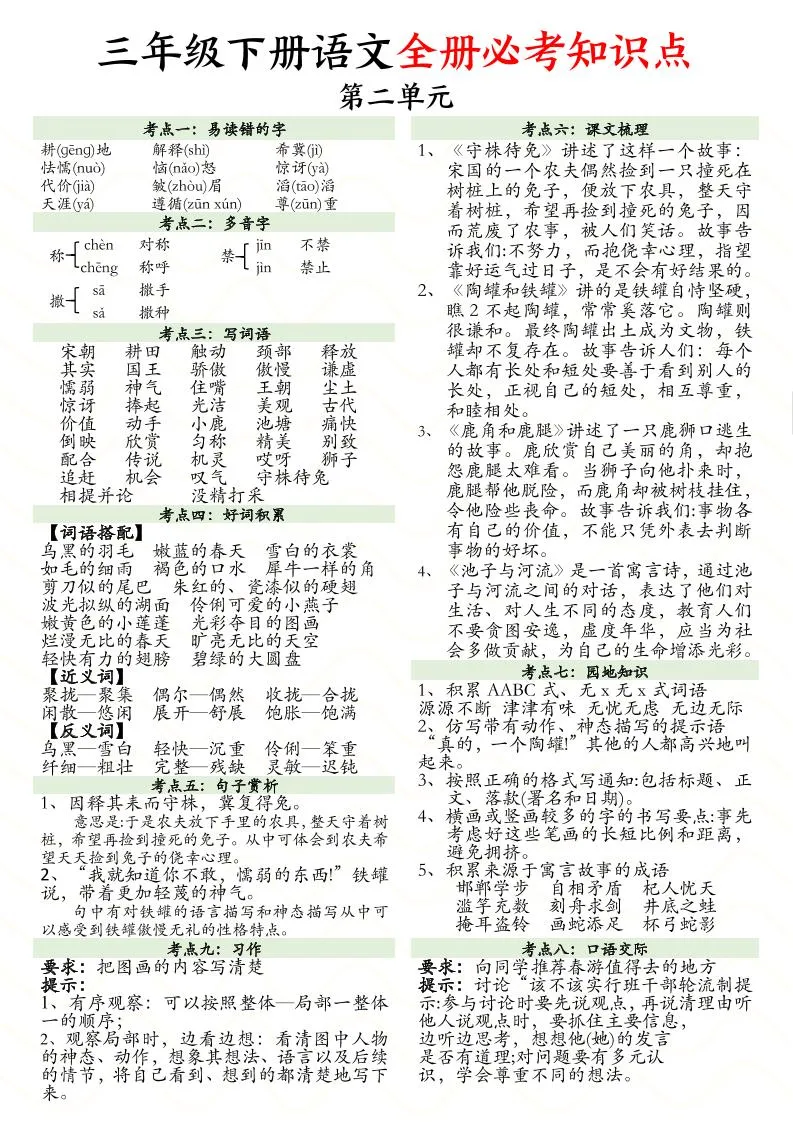三下语文全册1-8单元必考知识点汇总（8页）-学海库