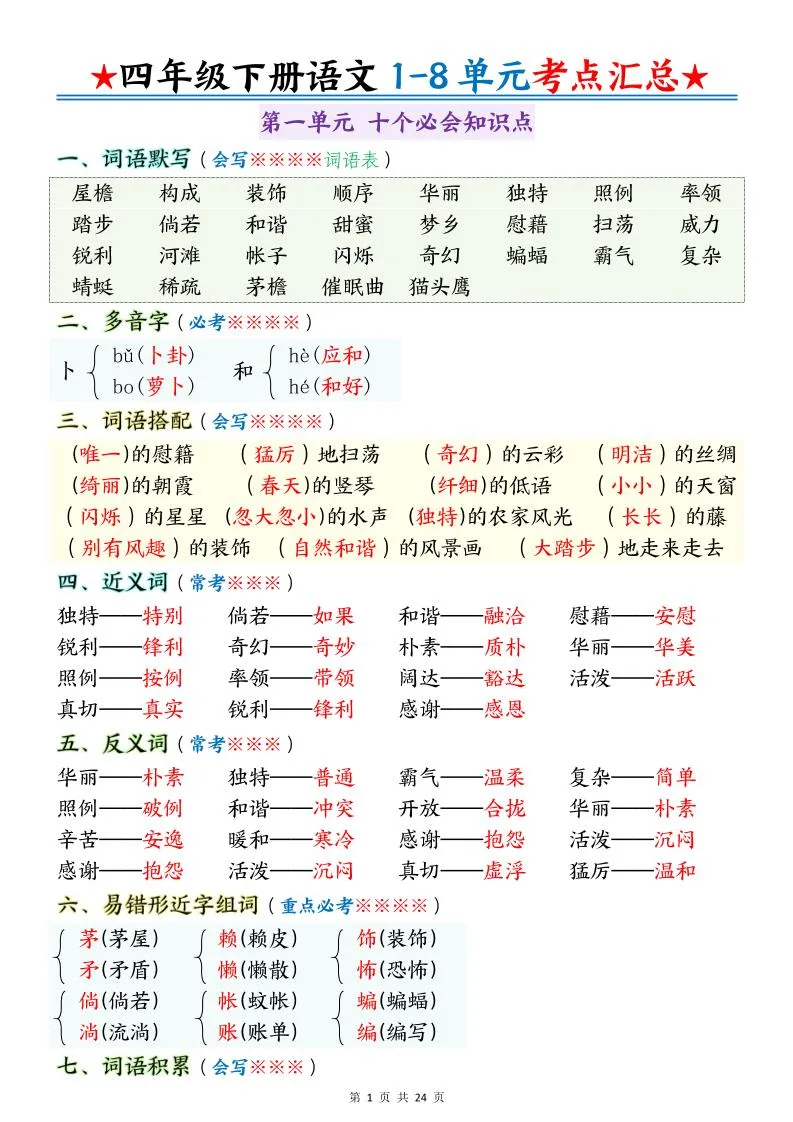 四下语文期末1-8单元十大考点必背