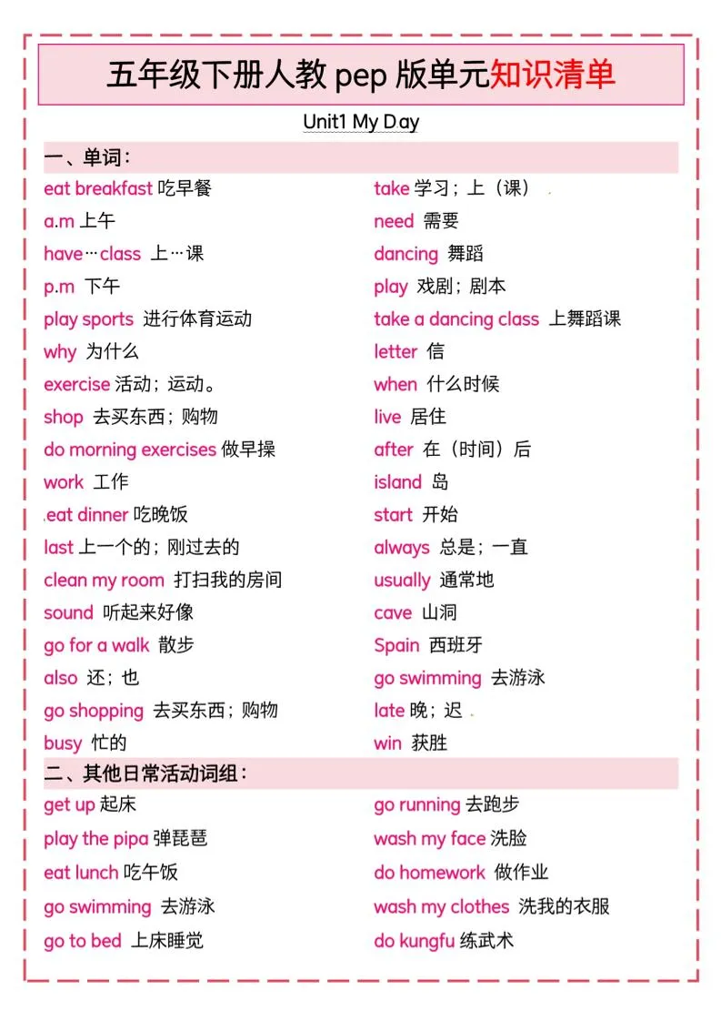 五下英语人教pep版单元知识清单