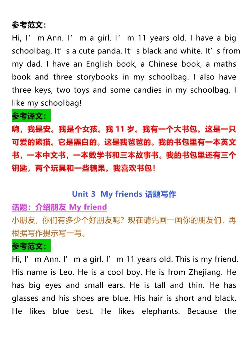 25秋新版四上英语各单元话题优秀作文范文5页-学海库