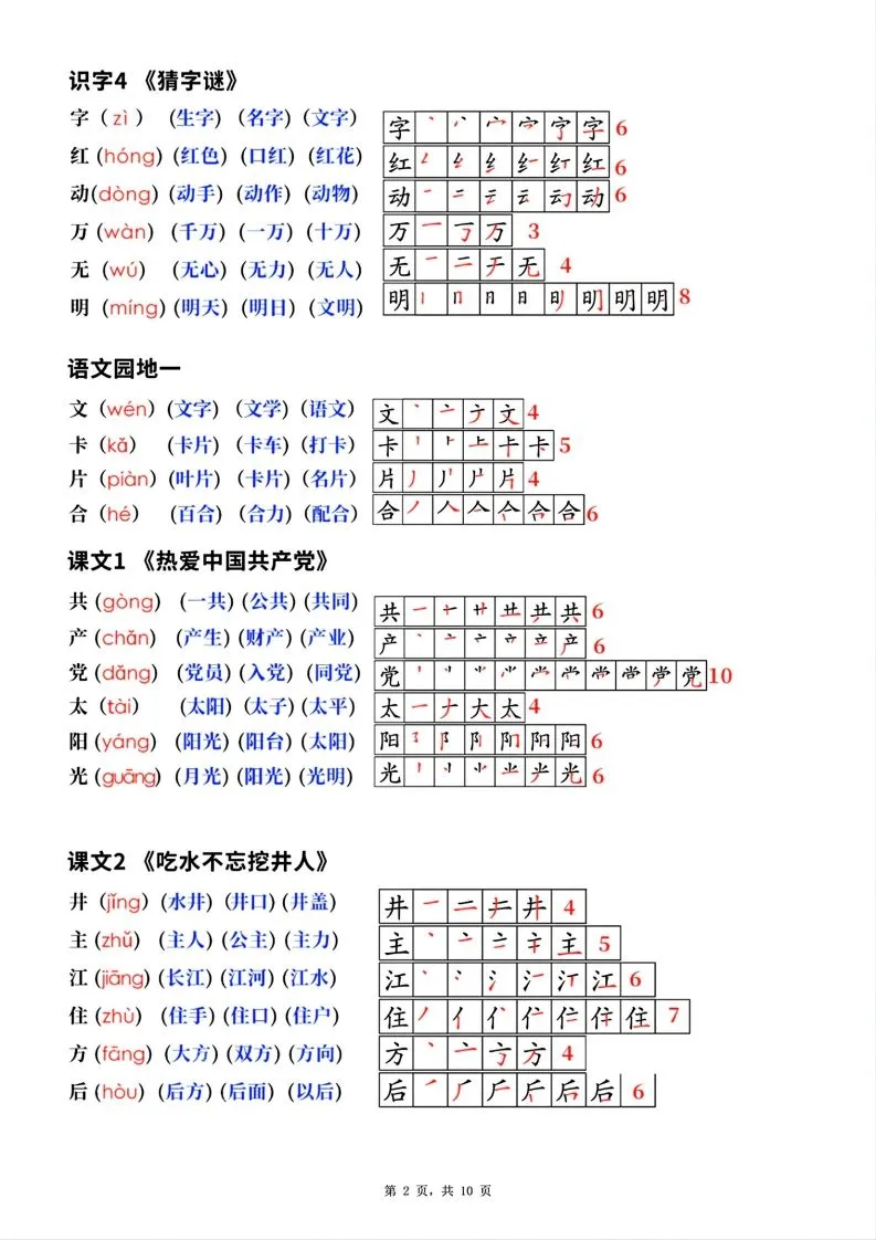 新版一年级下册语文生字笔顺拼音组词(课本贴)-学海库