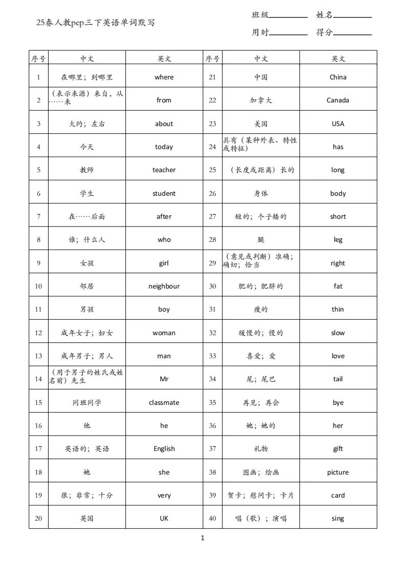 25春人教pep三下英语单词背诵表（3页）