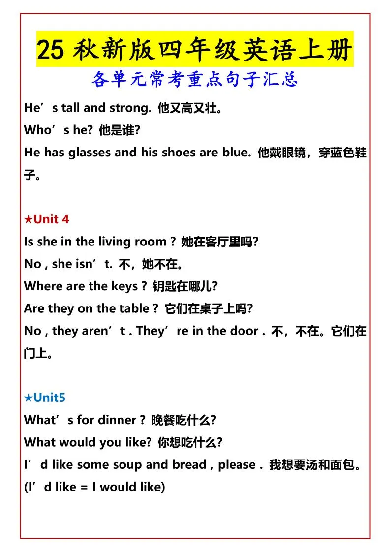 【2025秋新版】四年级英语上册各单元常考重点句子汇总-学海库