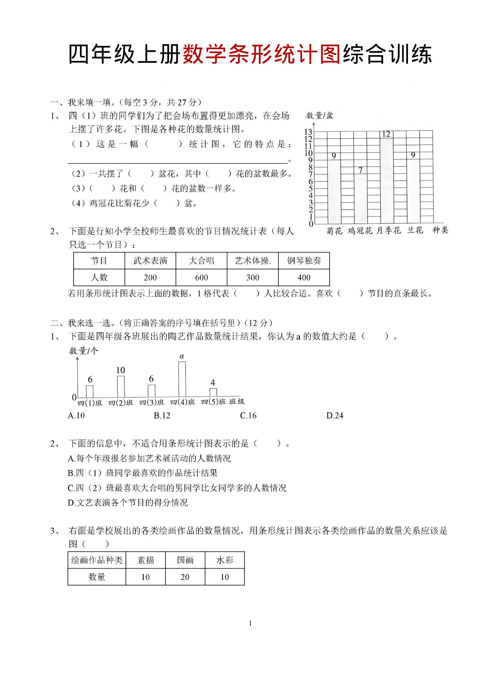 四年级上数学条形统计图综合训练