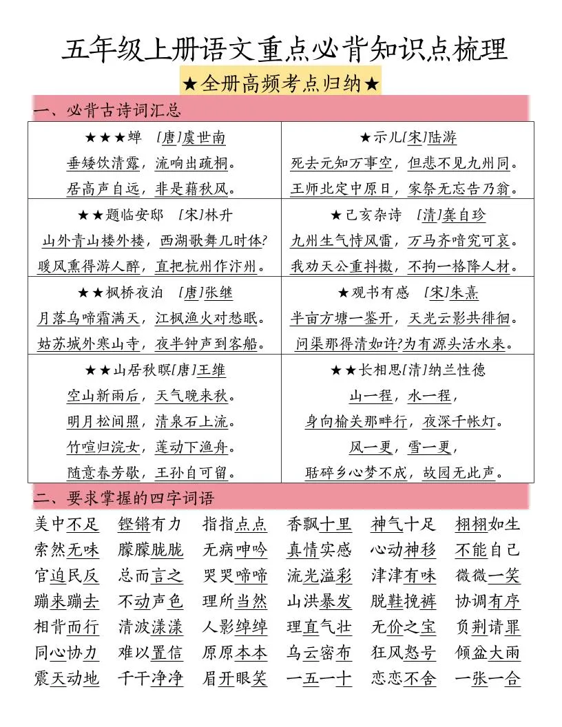 五上语文重点必背知识点梳理