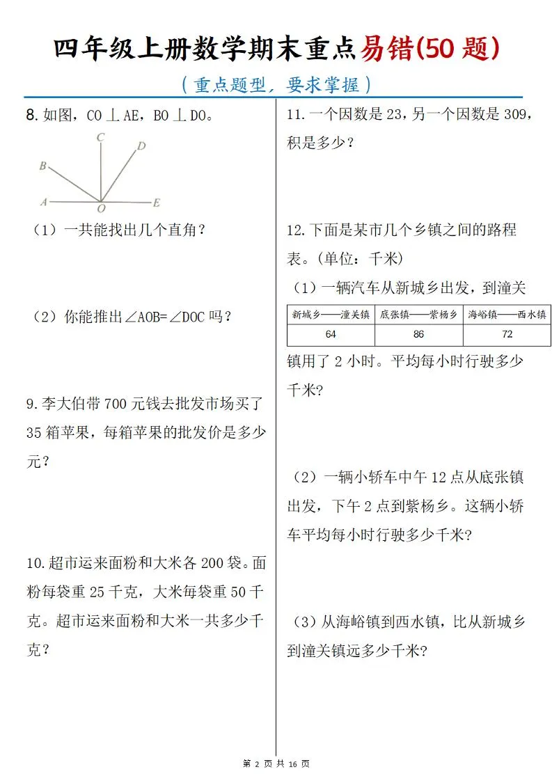 四年级上册数学期末重点易错50题(16页)-学海库