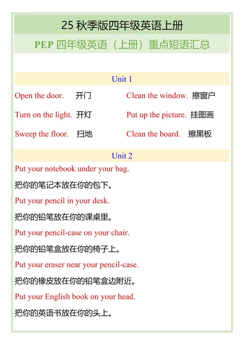 【2025秋新版】四年级英语（上册）重点短语汇总