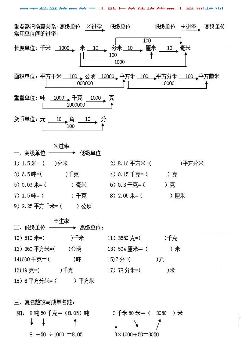 四下《数学小数与单位换算四大类型特训》4页