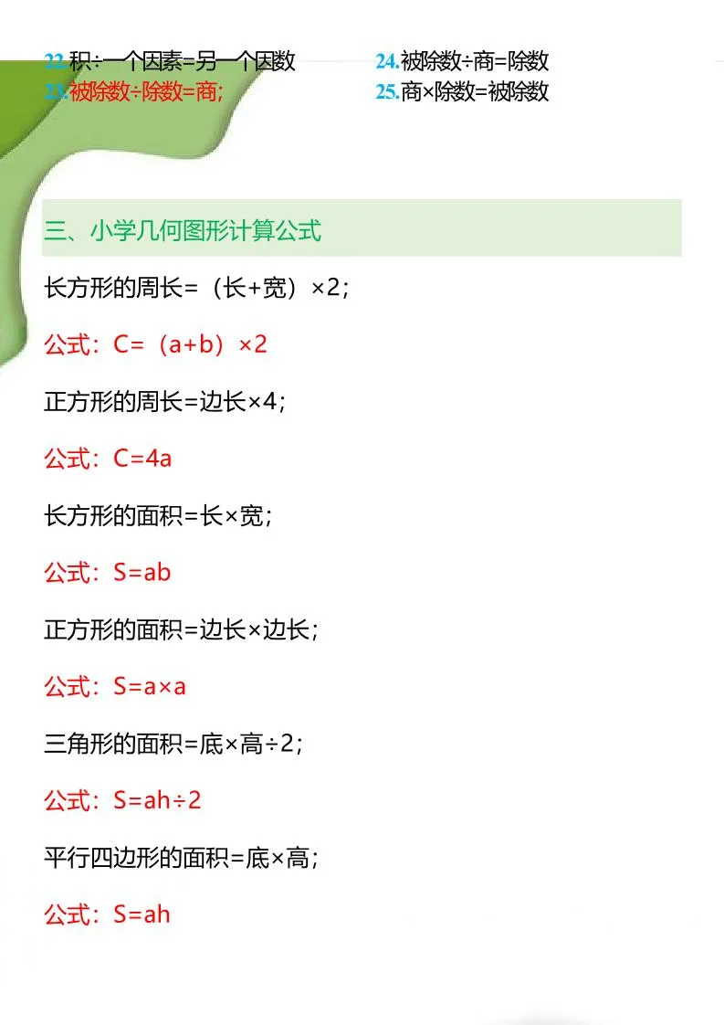 【2025秋新版】1-6年级数学必背公式大全-小升初数学-学海库
