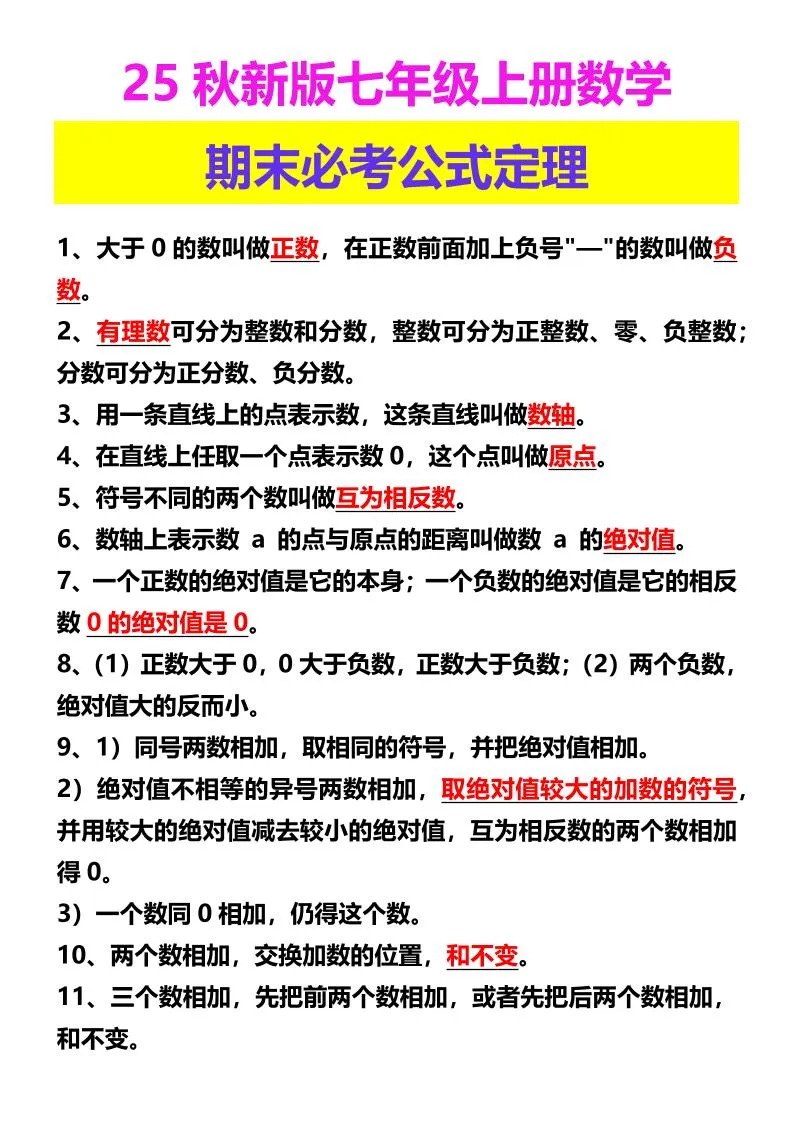 【2025秋新版】七年级上册数学期末必考公式定理