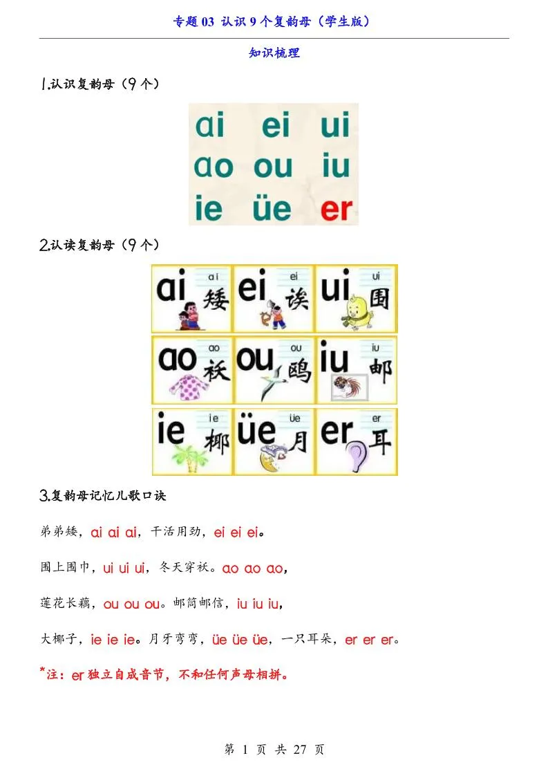 一上语文-专题03认识9个复韵母（知识+训练）