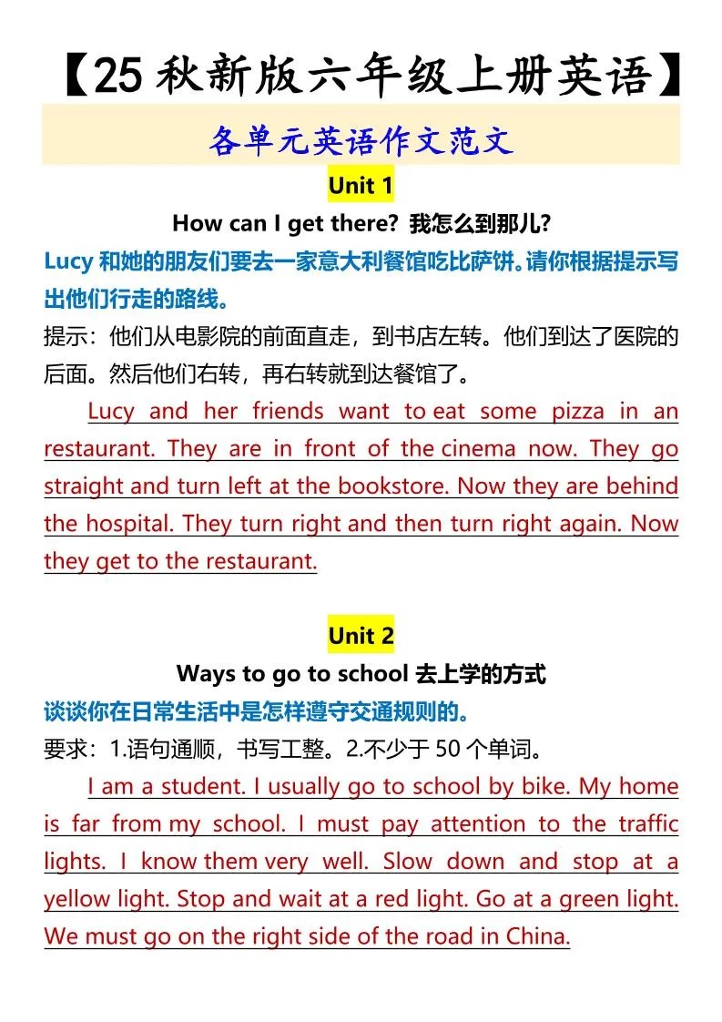 【2025秋新版】【六年级上册英语】各单元英语作文范文