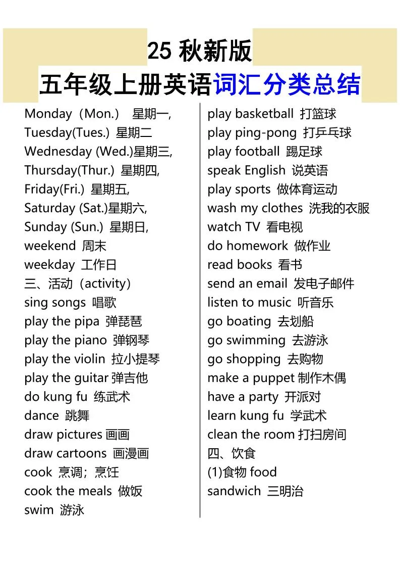 【2025秋新版】五年级上册英语词汇分类总结-学海库