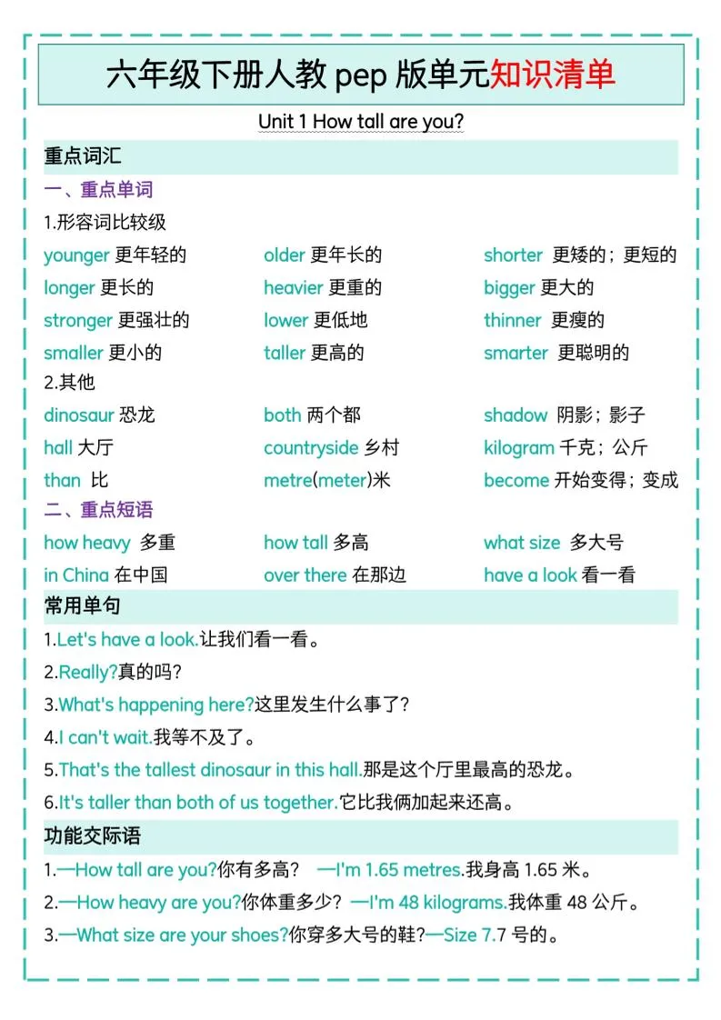 六下英语人教pep版单元知识清单