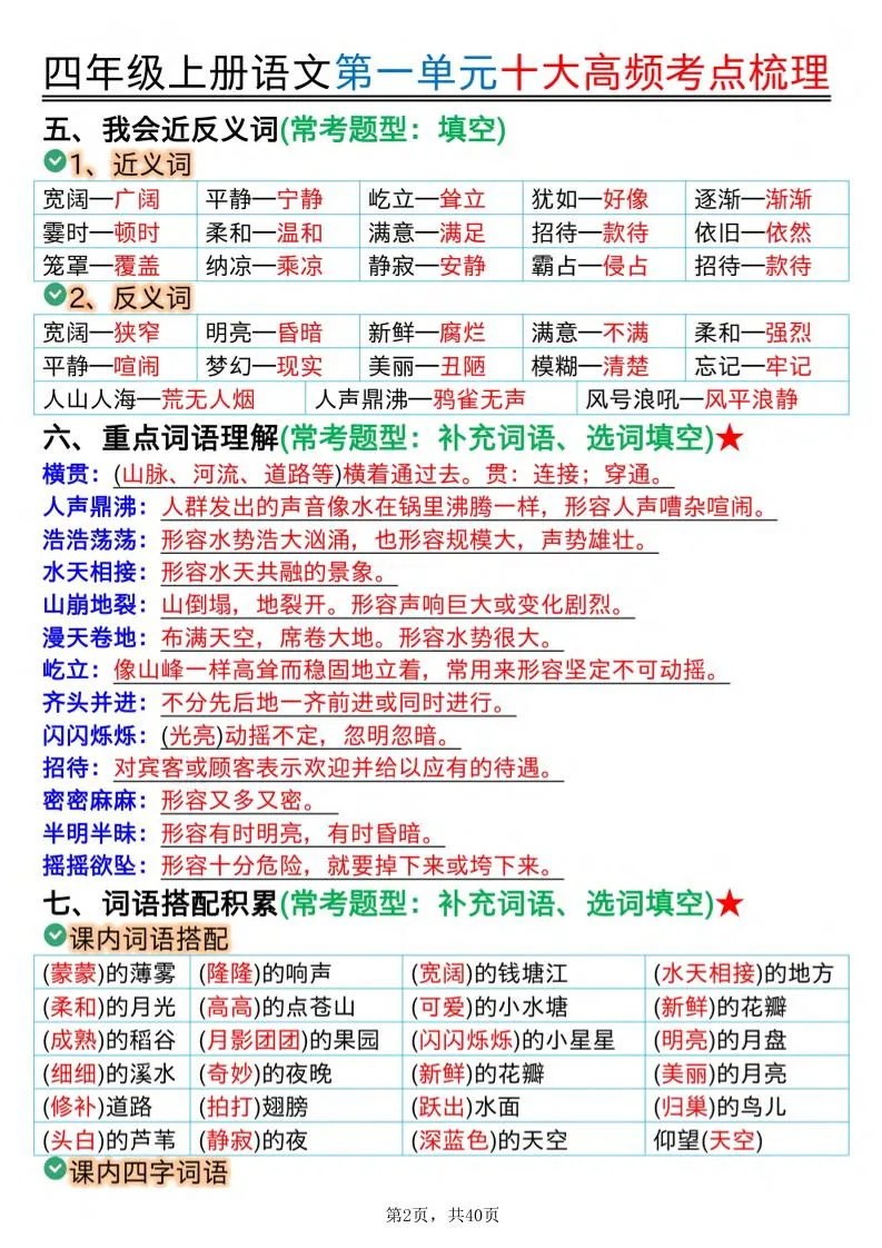 四上语文1-8单元十大高频考点梳理（40页）-学海库