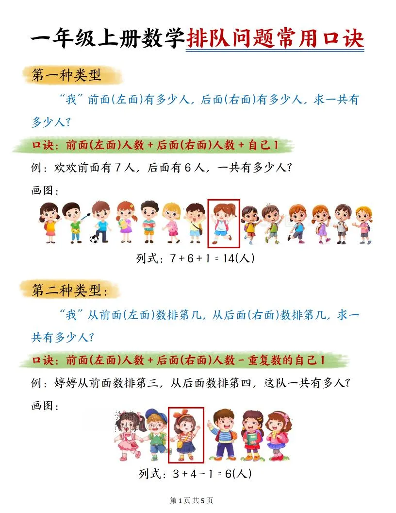 一年级上数学排队问题常用口诀