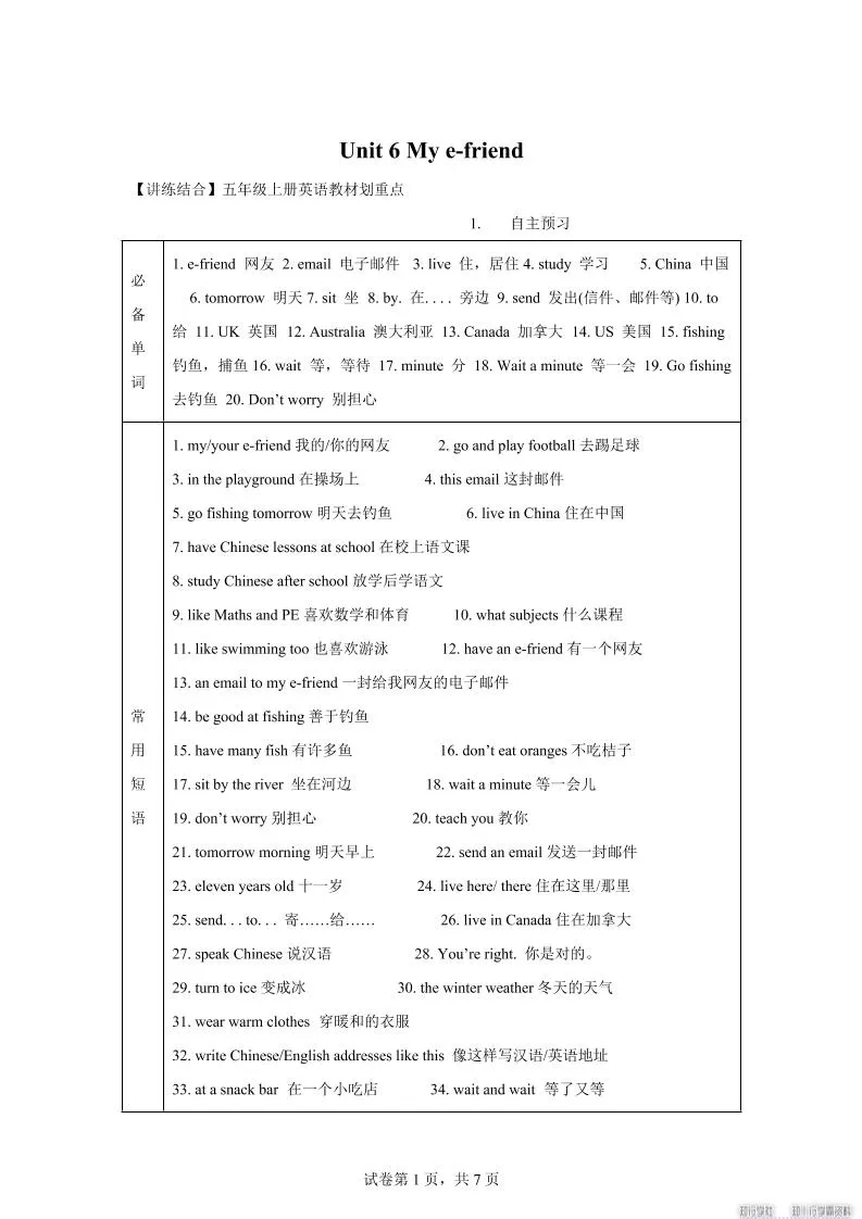 【单元热点难点】译林版（三起）英语五年级上册Unit6Mye-friend教材划重点