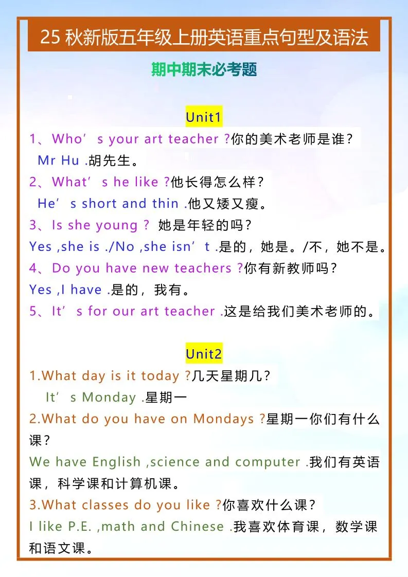 【2025秋新版】五年级上册英语重点句型及语法