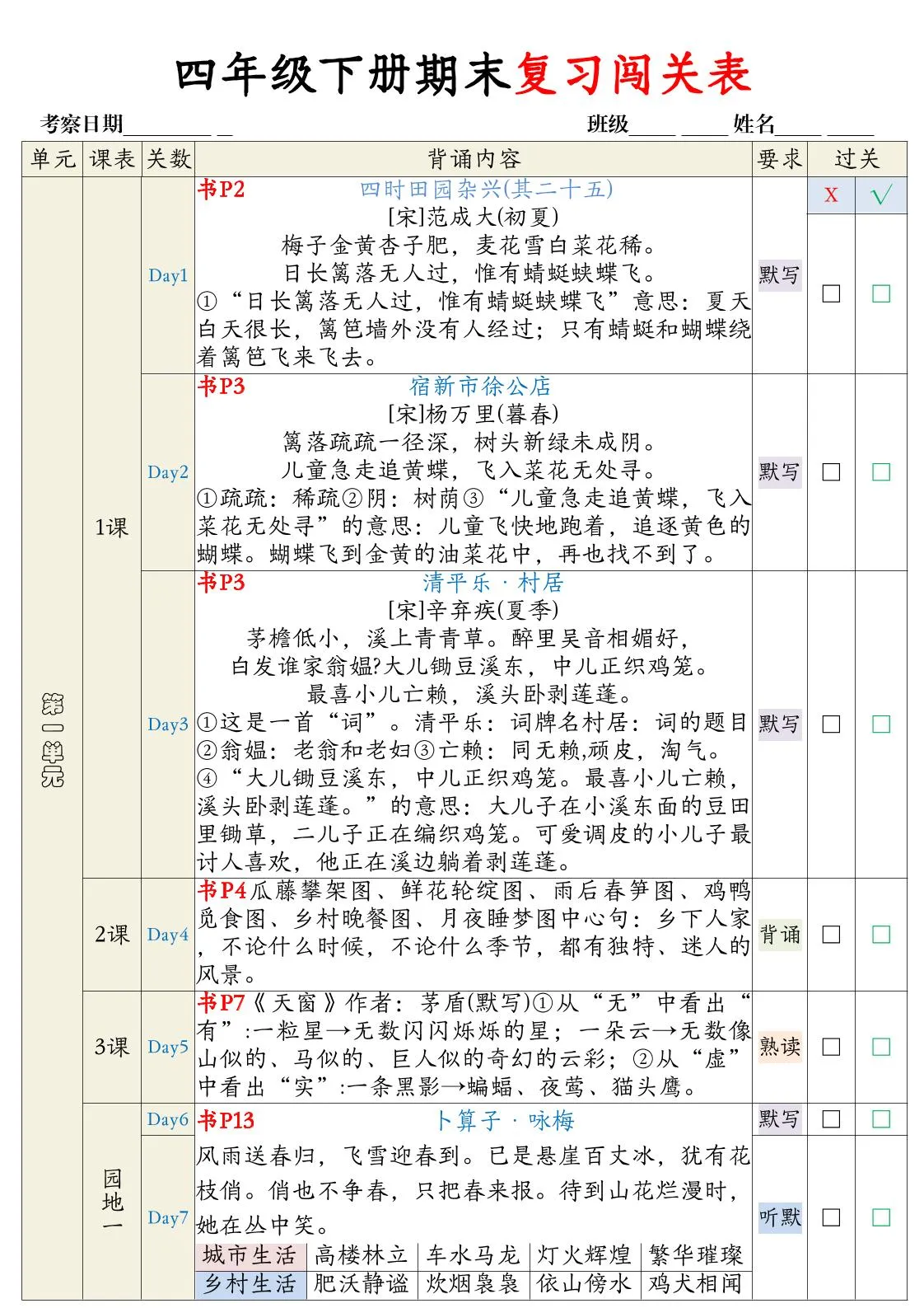 【期末复习背诵闯关表】四下语文