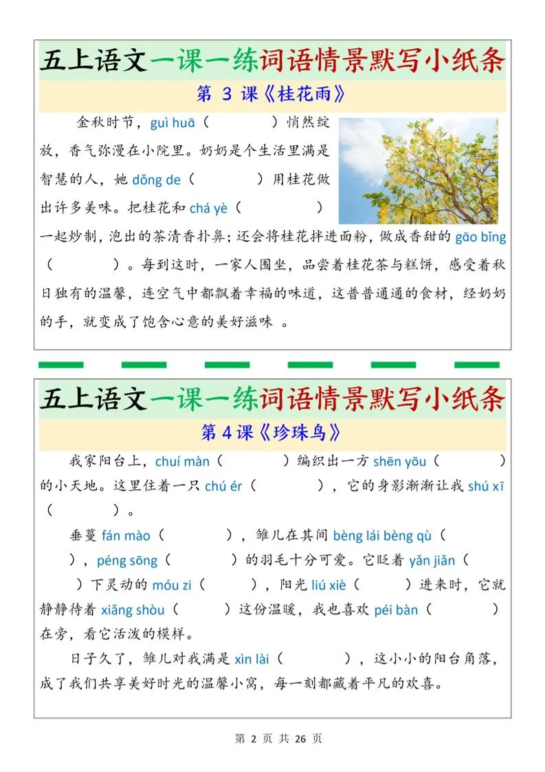 五上语文一课一练词语情景默写小纸条（含答案26页）-学海库